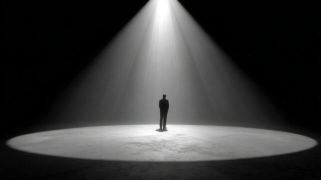 Man standing alone in a large dark empty space illuminated by a single bright spotlight from above with shadow on the floor surrounding the figure close to the light source