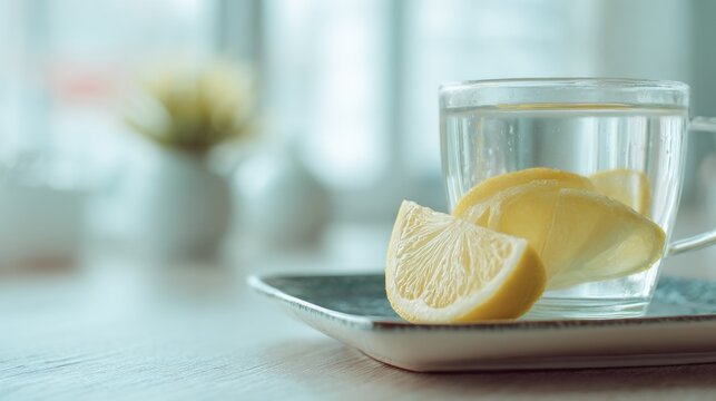 A clear glass mug of water with lemon slices rests on a small, square plate. Two lemon wedges sit beside the mug on the plate.