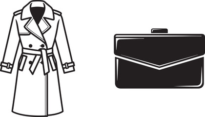 Elegant Black and White Vector Icons of Trench Coat and Briefcase