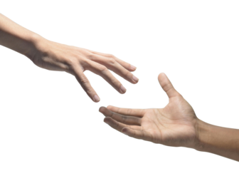 Two hands reaching out to each other on transparent background