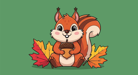Obraz premium Cute Squirrel Holding Acorn in Autumn Leaves – Cartoon Illustration