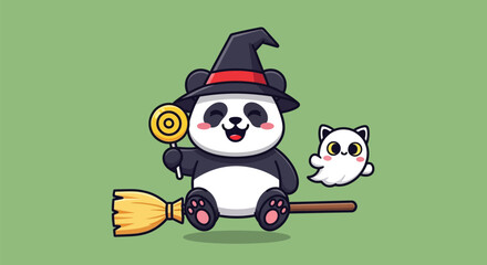Cartoon panda wearing a witch hat, riding a broomstick with a lollipop and a ghost cat on a green background.