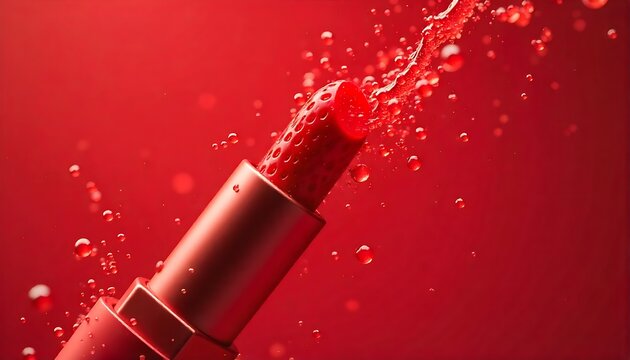 Bold red lipstick with vibrant, glossy texture and water droplets creating a splash, perfect for beauty, fashion, and cosmetic advertising campaigns