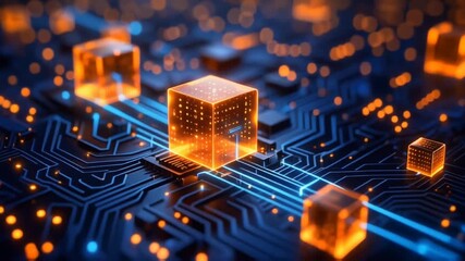 Glowing translucent orange data cubes resting on an illuminated blue digital circuit board. - Powered by Adobe