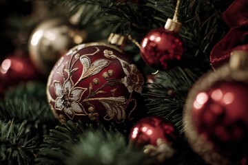 Close up of ornate red christmas tree ornaments with intricate patterns nestled amongst dark green fir branches