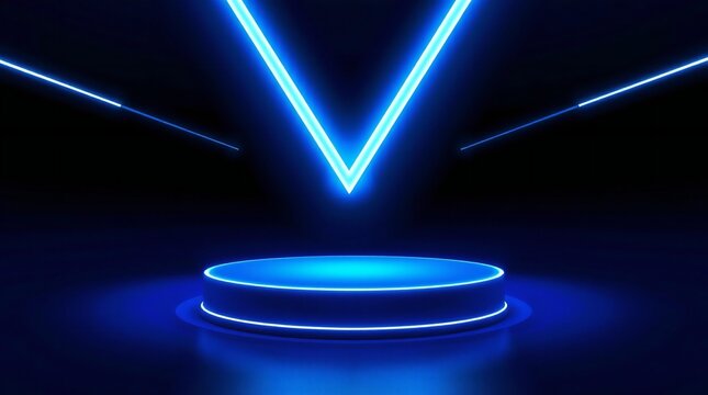 Futuristic neon podium with glowing blue geometric shapes