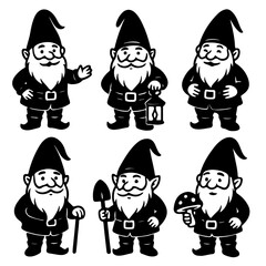 Set of Fairy Tale Dwarfs in Black Vector Style