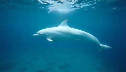 Elegant albino dolphin swimming gracefully in crystal clear turquoise ocean waters, a captivating underwater scene evoking wonder and peace