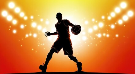 A lone basketball players silhouette is captured midaction, dribbling with intense focus against a backdrop of glowing stadium lights and warm hues