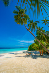 Tropical island beach landscape exotic shore coast. Tranquil closeup calm sea water waves with palm trees. Beautiful Panorama. Summer vacation, holiday amazing nature. Relax paradise, Maldives.