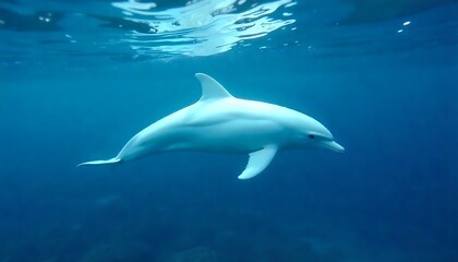 Fototapeta premium Gentle albino dolphin gracefully swimming underwater in deep ocean, a rare and stunning creature perfect for conservation and ocean life campaigns