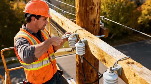 Electrician secures new insulators to a wooden utility pole ensuring safer and more efficient power line support during routine maintenance.