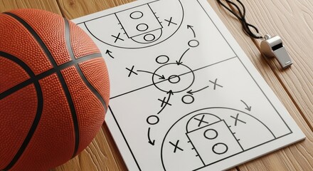 Basketball strategy on a whiteboard with a basketball and whistle on a wooden table, representing game planning and tactics
