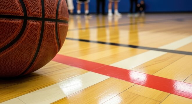 A basketball rests on the polished wooden court near the red boundary line, with blurred players in the background, suggesting an upcoming game
