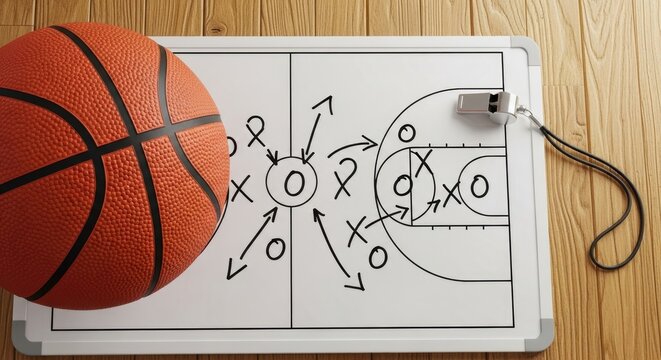 Closeup of a basketball and a coaching whiteboard with game plays drawn, on a wooden surface, emphasizing strategy and teamwork