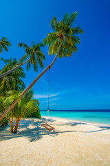 Tropical island beach landscape exotic shore coast. Tranquil closeup calm sea water waves with palm trees. Beautiful Panorama. Summer vacation, holiday amazing nature. Relax paradise, Maldives.