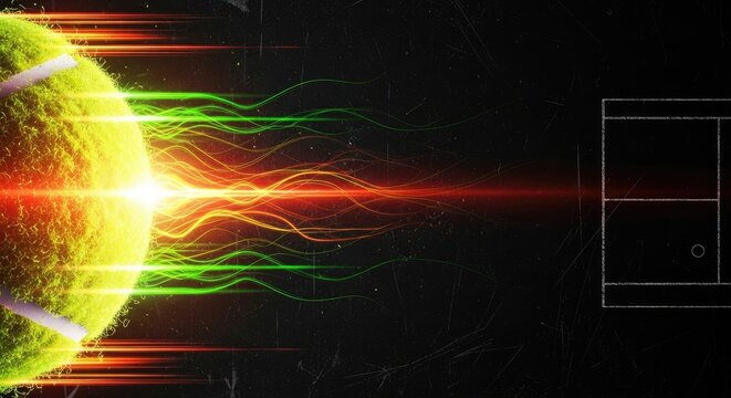 Tennis ball with glowing green and orange light trails moving rapidly against a dark, speckled background with a court outline