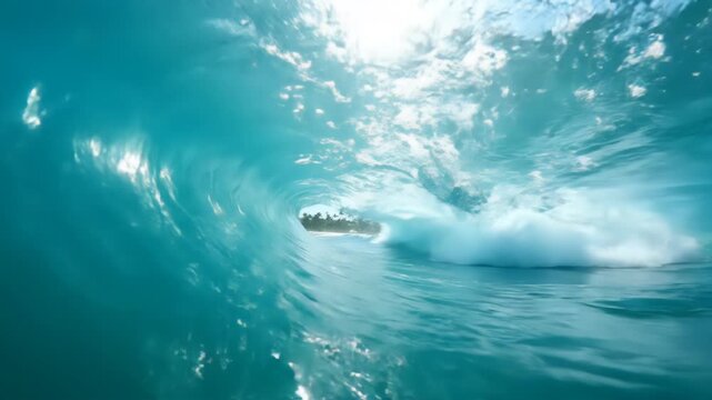 Underwater view looking out from a breaking ocean wave as bright sunlight filters through the turquoise water. A small boat is visible sailing through the tunnel of the wave.