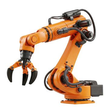 Detailed orange industrial robotic arm with articulated joints and a black three-finger claw gripper.