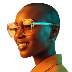 Woman with glasses smiling with colorful lighting isolated on transparent background