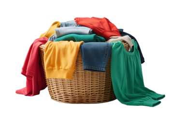 Wicker laundry basket overflowing with colorful clothes isolated on transparent background