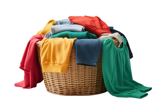 Wicker laundry basket overflowing with colorful clothes isolated on transparent background