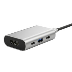 Sleek silver multi-port USB-C hub with HDMI USB-C and USB 30 ports.