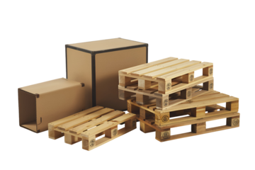 Cardboard boxes and wooden pallets stacked for shipping isolated on transparent background