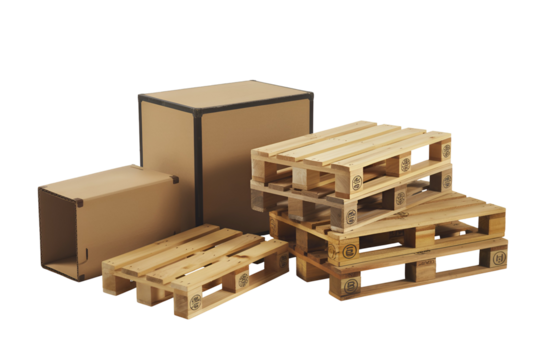 Cardboard boxes and wooden pallets stacked for shipping isolated on transparent background