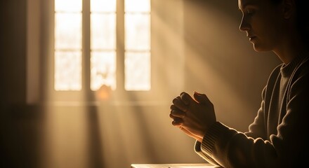 Realistic photo of hands in prayer illuminated by warm sunlight through church window, serene and reverent mood.