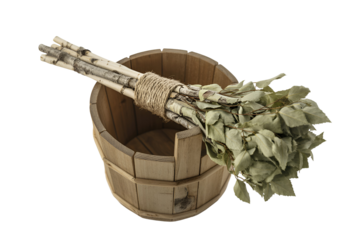 Traditional wooden sauna bucket and birch venik isolated on transparent background
