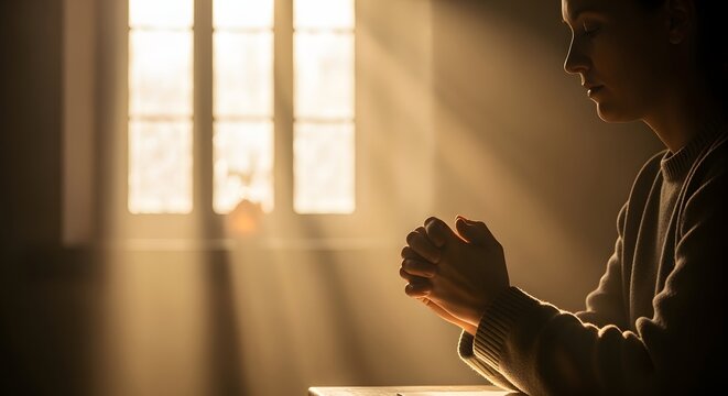 Realistic photo of hands in prayer illuminated by warm sunlight through church window, serene and reverent mood.
