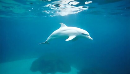 Fototapeta premium Graceful dolphin swimming in crystal clear turquoise ocean waters, a stunning underwater scene evoking peace and wonder, perfect for nature lovers
