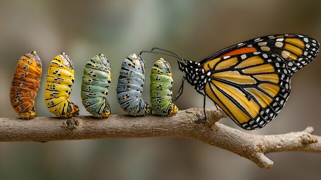 Different stages of monarch butterfly chrysalis transforming and hatching on a twig showing metamorphosis.