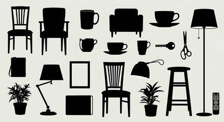Collection of furniture and objects in silhouette style.