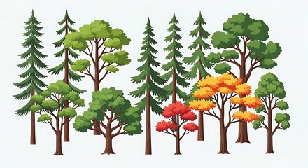 Diverse Collection of Cartoon Trees with Green and Autumn Foliage.