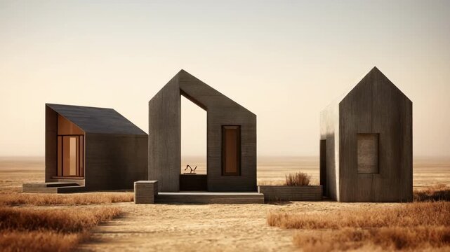 Medium shot of modular 3Dprinted barn components assembled emphasizing rapid manufacturing efficiency and modern construction techniques.