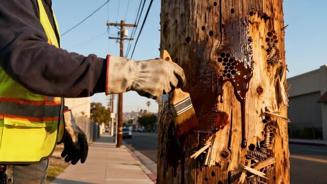 Closeup of a worker applying protective treatment to a wooden utility pole showing signs of wear and termite damage amid city infrastructure.