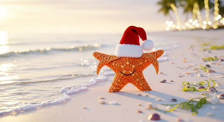 Christmas girl and Santa Claus enjoying a tropical beach vacation with starfish, shells, and white sand by the ocean