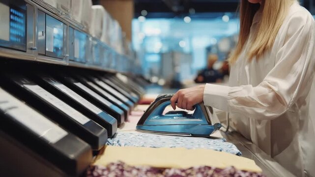 Medium shot capturing a selfservice pressing station where individuals use compact irons to finalize their clothes independently.