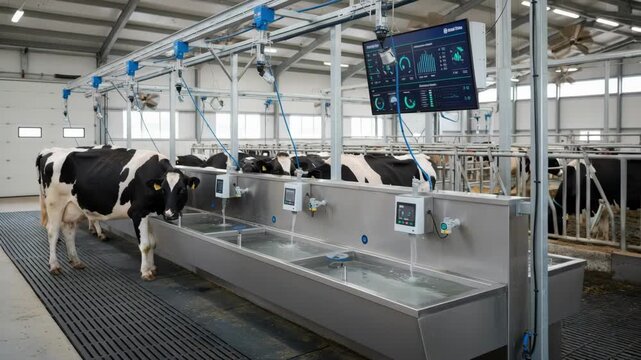 Medium shot of automated dairy cattle water system showing cows drinking highlighting technology improving hydration and farm efficiency