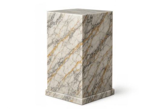 Marble display pedestal with gold veins, elegant stone column, empty plinth for product presentation, transparent background