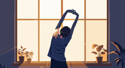 Vector illustration of person stretching near window with sunlight