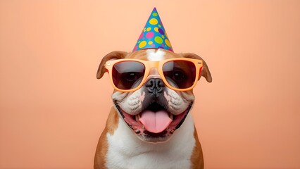 Funny bulldog wearing neon sunglasses and a colorful party hat, tongue out and playful, pastel background, cheerful studio lighting, humorous crazy dog concept perfect for memes and ads.