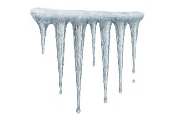 Icicles forming from frozen water on transparent background, showing winter cold and melting process
