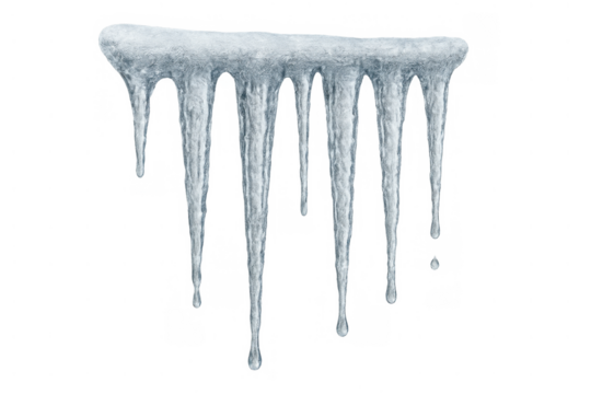 Icicles forming from frozen water on transparent background, showing winter cold and melting process