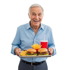 Happy senior man holding tray of burgers and fries isolated on transparent background