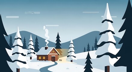Cozy Winter Cabin in Snowy Mountain Landscape with Pine Trees.