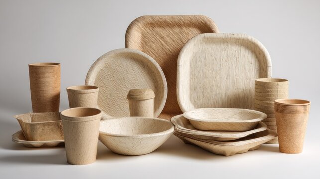 A collection of various disposable tableware items in natural tones, including plates, bowls, cups, and trays, arranged against a white backdrop