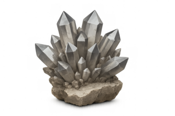 Crystal cluster growing from a rock formation, natural mineral specimen with sharp points, isolated on transparent background